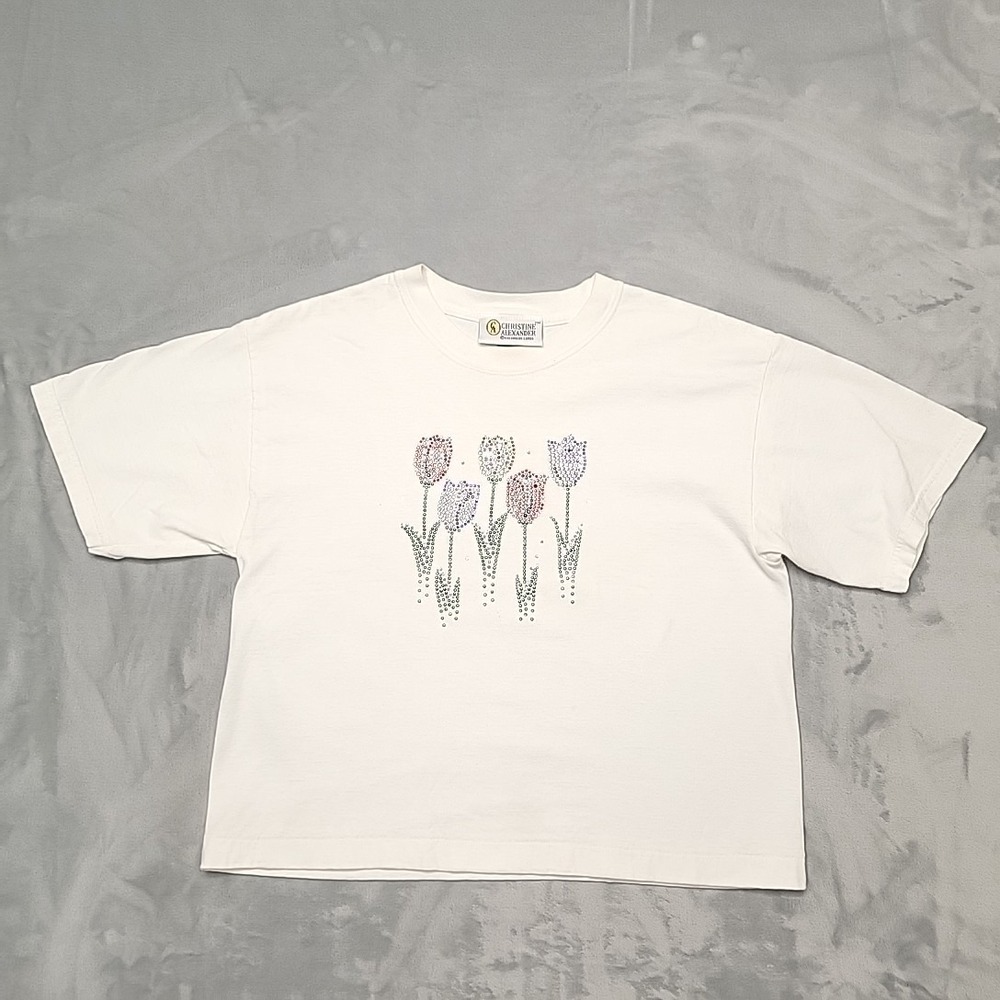 VTG Christine Alexander Shirt Women L White Rhinestone Tulips Floral Made In USA
